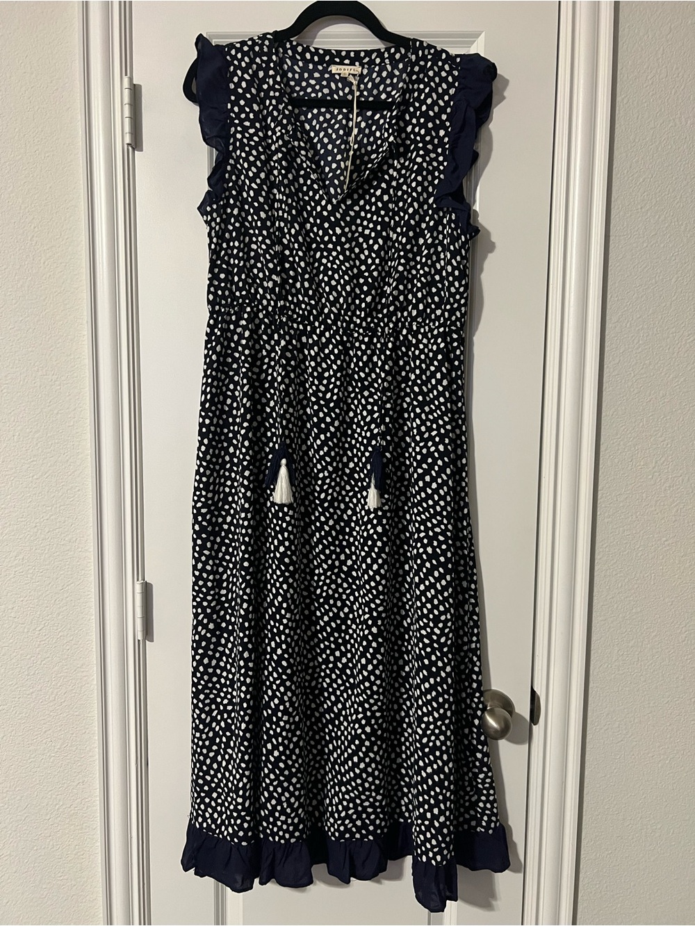 Navy Blue Polka Dot Ruffle Sleeve Dress